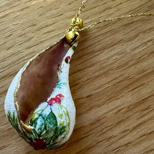 Decoupaged Fig Shell Christmas Ornament with Delicate Gold Jingle Bells